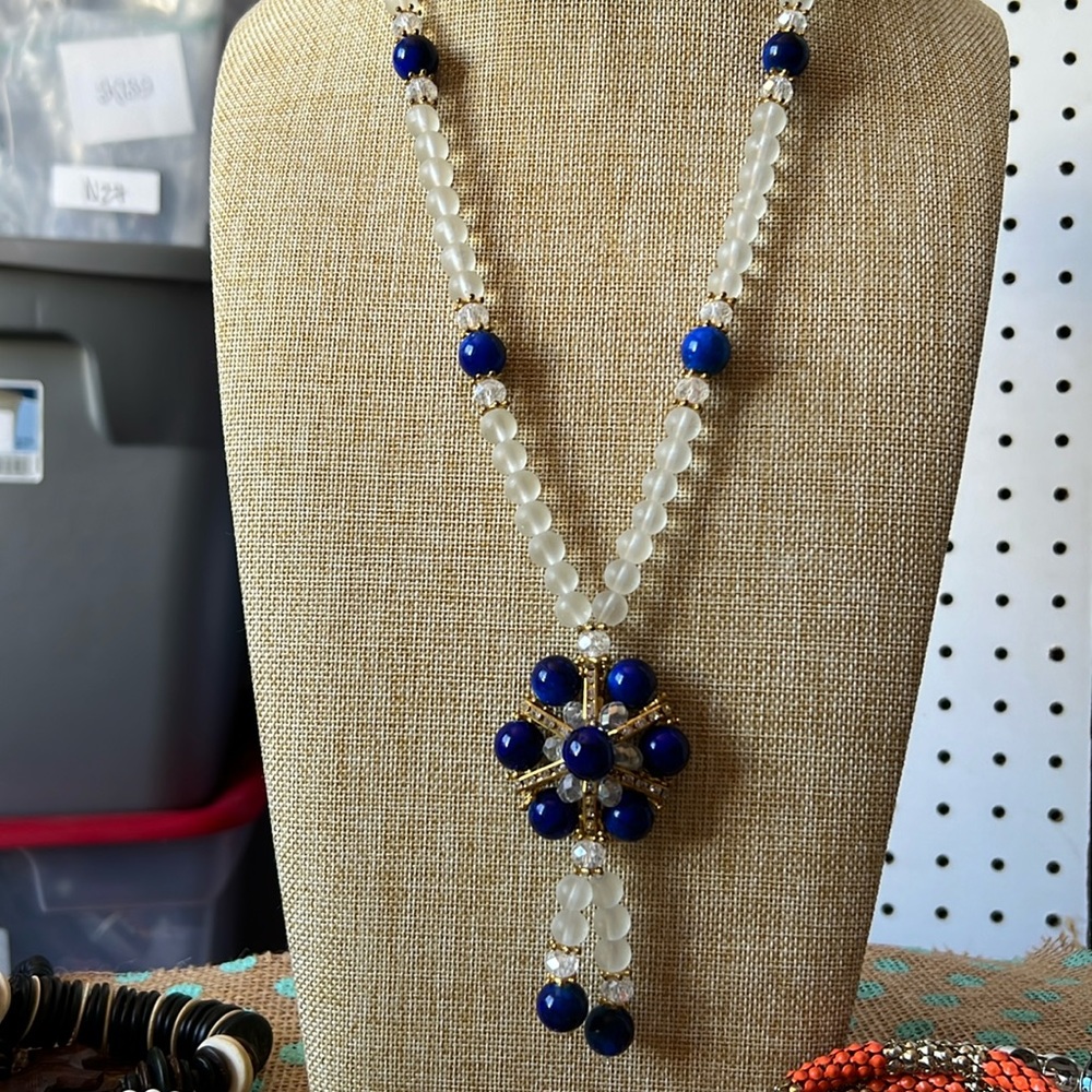 Vintage Frosted glass, blue and gold necklace